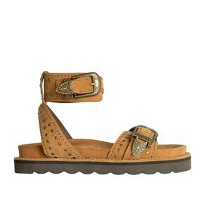 NWOB Spell Cabana Studded Sandals Womens 41 11 Brown Tan Suede Brass Buckle New